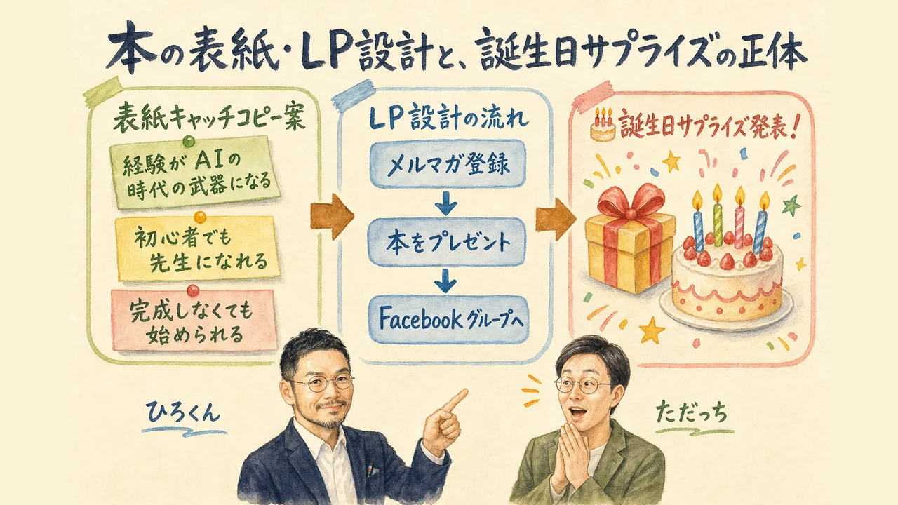 本の表紙とプロモーションサイトの設計をAIと相談する様子の水彩グラレコ図解