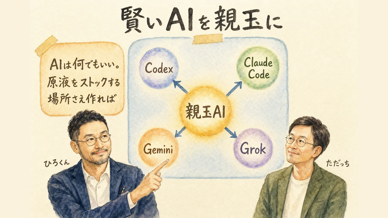 賢いAIを親玉にして複数のAIエージェントを管理する仕組みを説明する水彩グラレコ図解