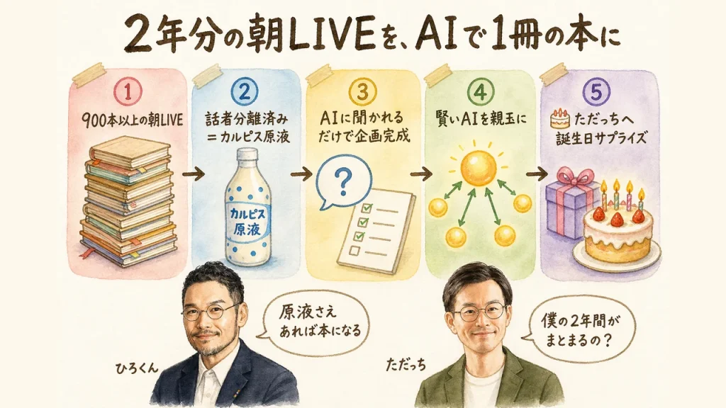 2年分の朝LIVEをAIで1冊の本にする実験を紹介する水彩グラレコ図解
