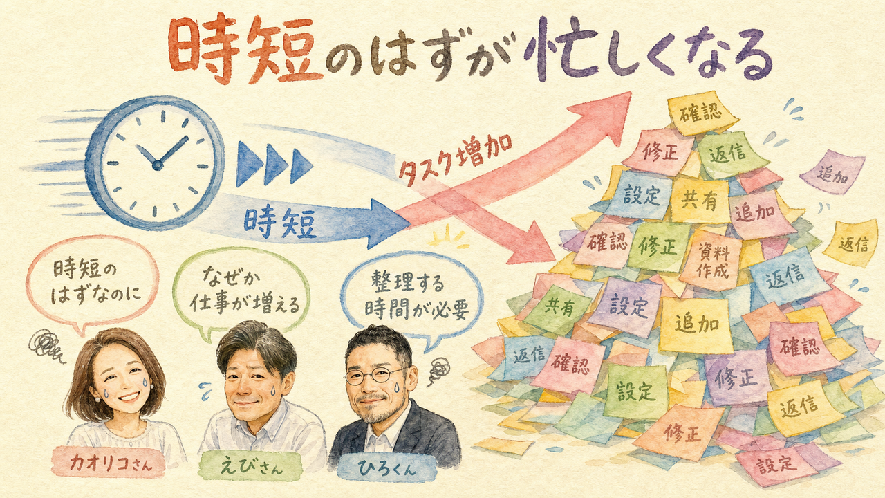 AIで時間が増えるはずが、逆にやることが増えていく3人の本音トークの図解