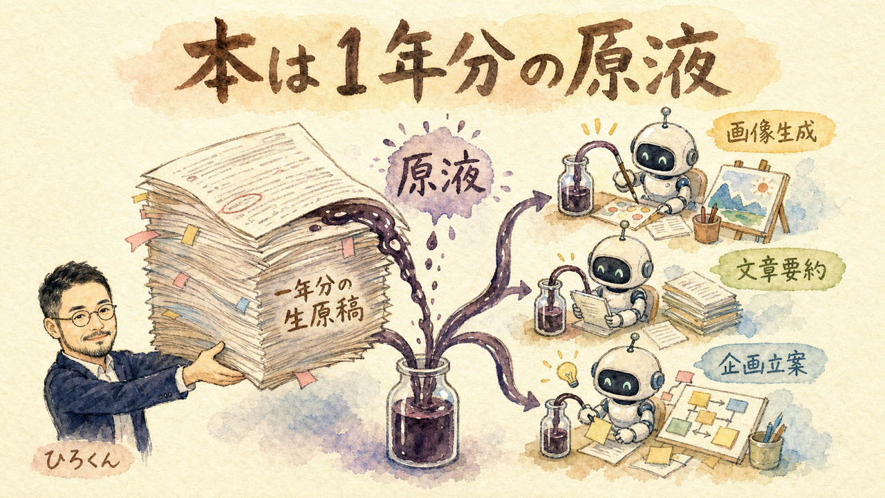 1年かけて書いた本の原稿という原液から、AIエージェント軍団が漫画・LP・SNS投稿などを同時に生み出していく様子の図解