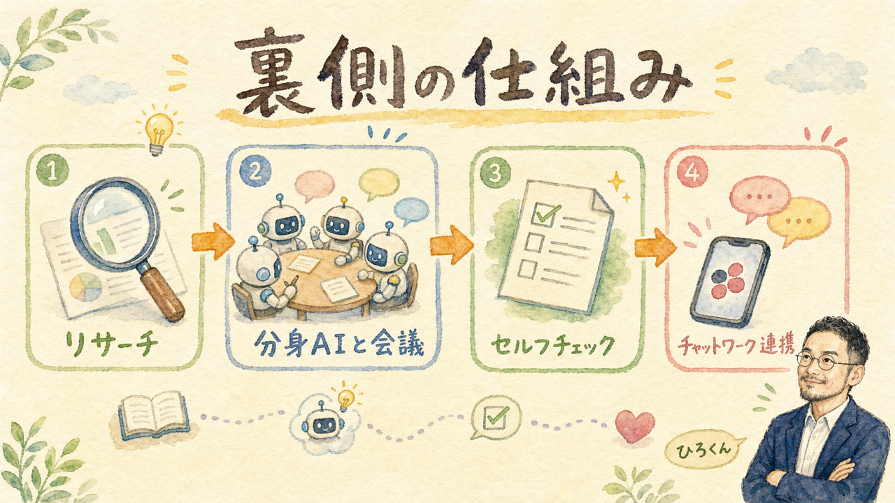 リサーチ→分身AIとの会議→戦略→制作→セルフチェック→Chatwork連絡という裏側の仕組みの図解
