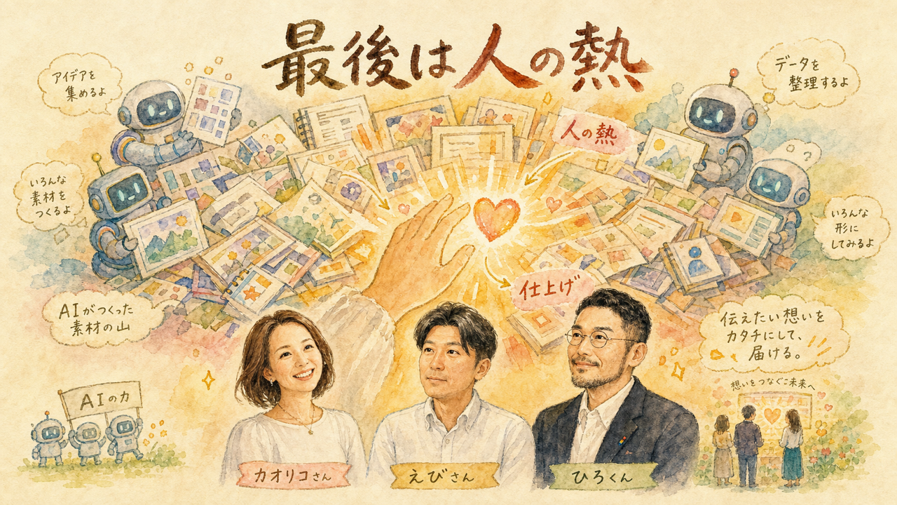 AIに作業を任せても最後は人間の理解と本人の熱が必要という図解