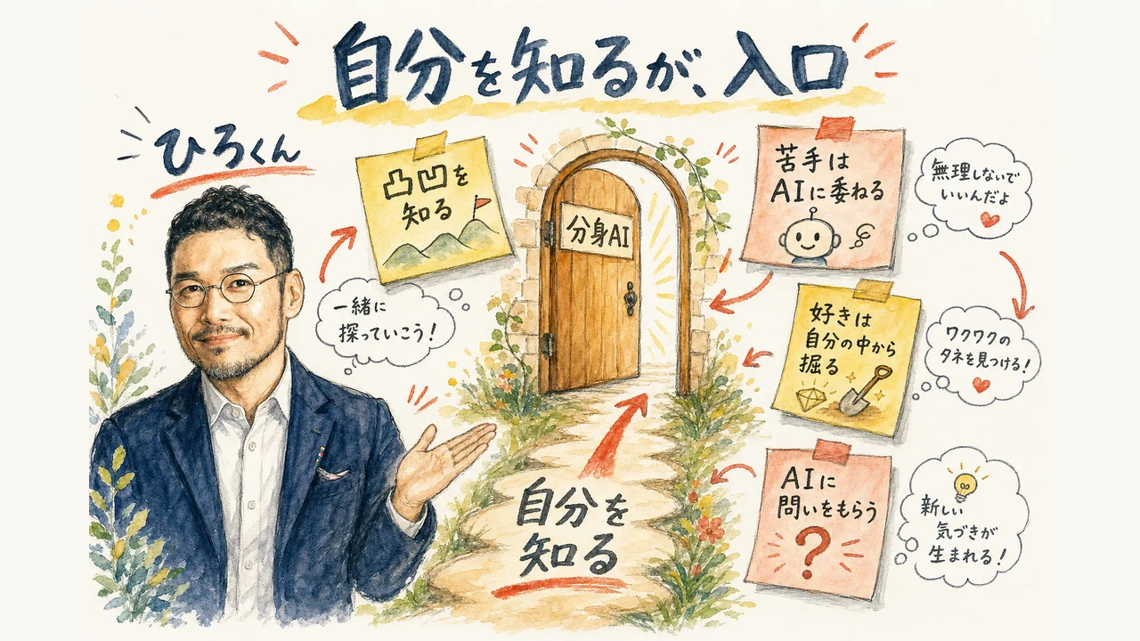 自分を知ることが分身AIづくりの入口になる構造を示すコラム図解