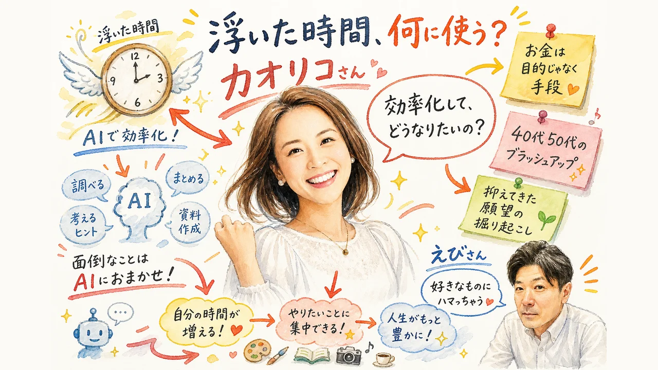 AIで効率化した先に何がしたいかを問うカオリコさんとえびさんの対話グラレコ