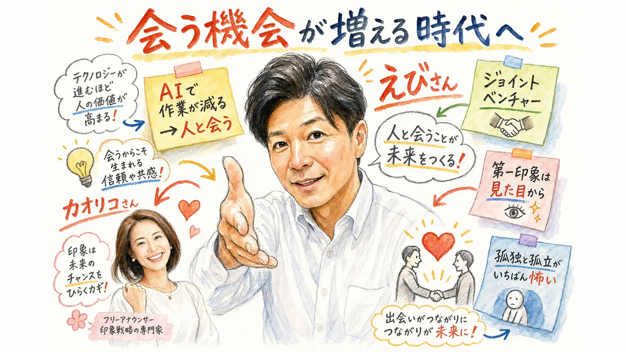 AIで作業が減った後に増えるジョイントベンチャーや第一印象、孤独への向き合い方を示すグラレコ