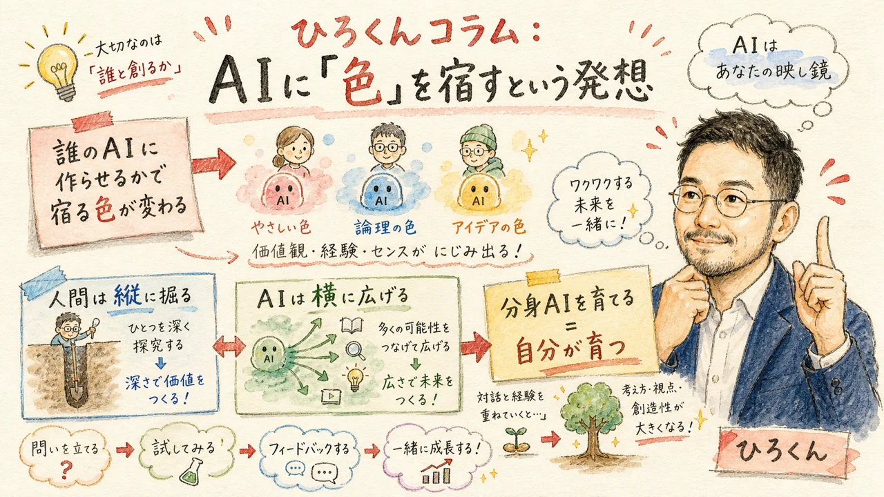 AIに色を宿すという発想を示すひろくんコラムの図解