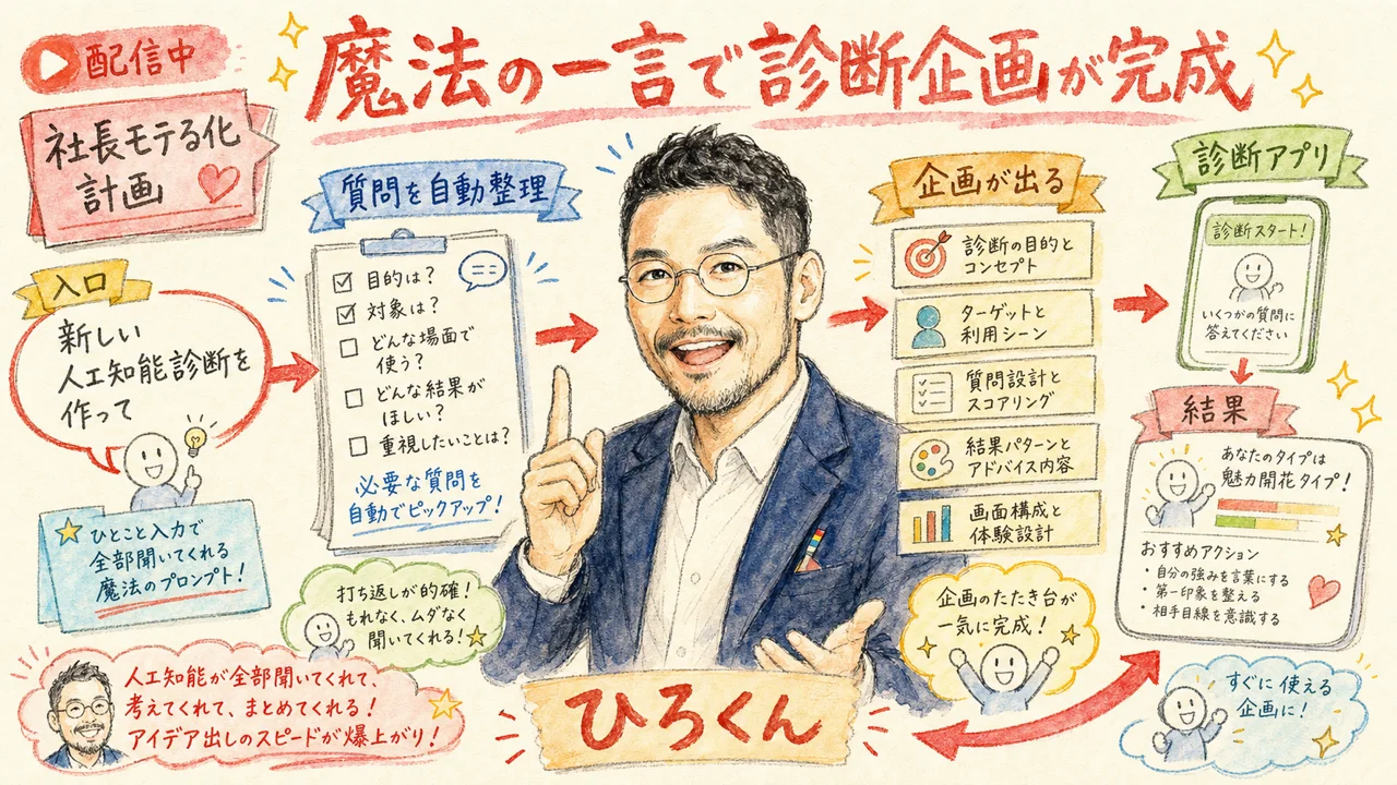 魔法のプロンプトで診断アプリの企画が自動で出てくる様子