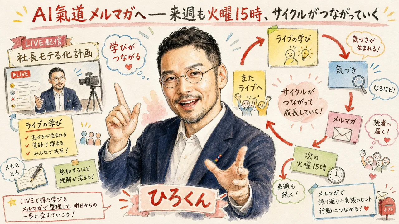 LIVEでの学びがメルマガでつながっていくサイクル図