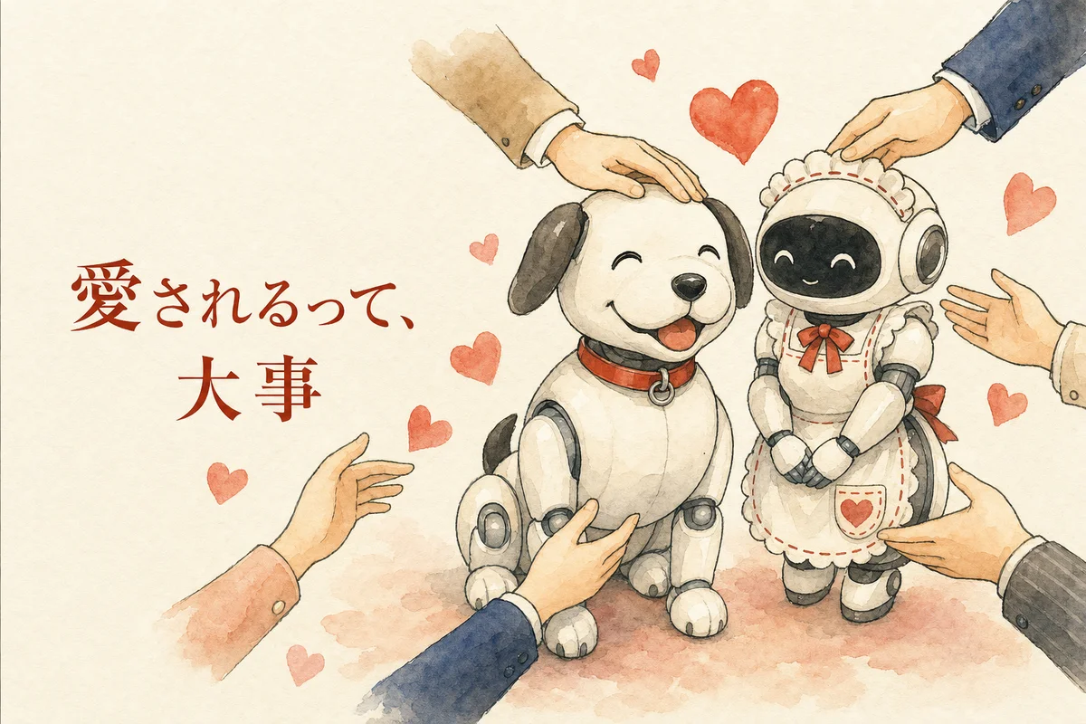 愛されるって大事——犬型ロボットとメイド服ヒューマノイドの図解