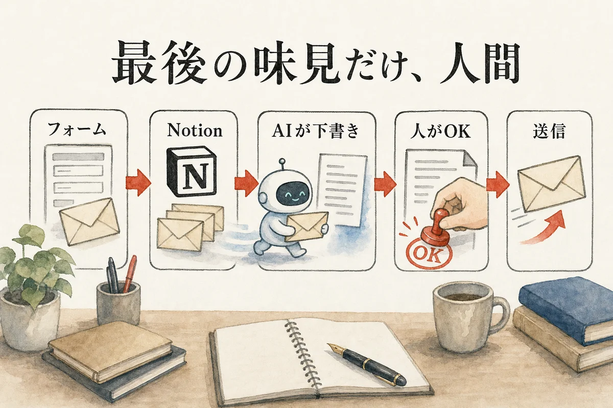 AI秘書パイプライン図解——フォーム→Notion→AIが下書き→人がOK→送信