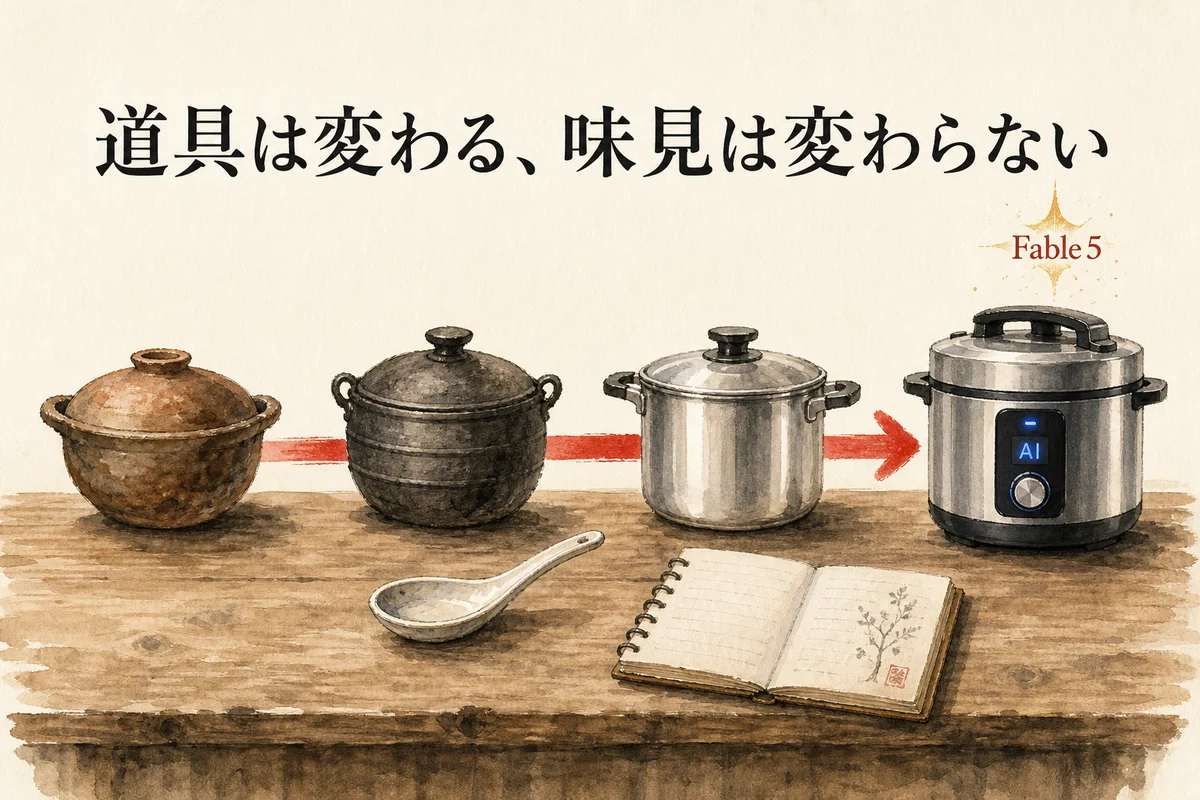 道具は変わる、味見は変わらない図解——調理器具の進化と変わらない味見スプーン