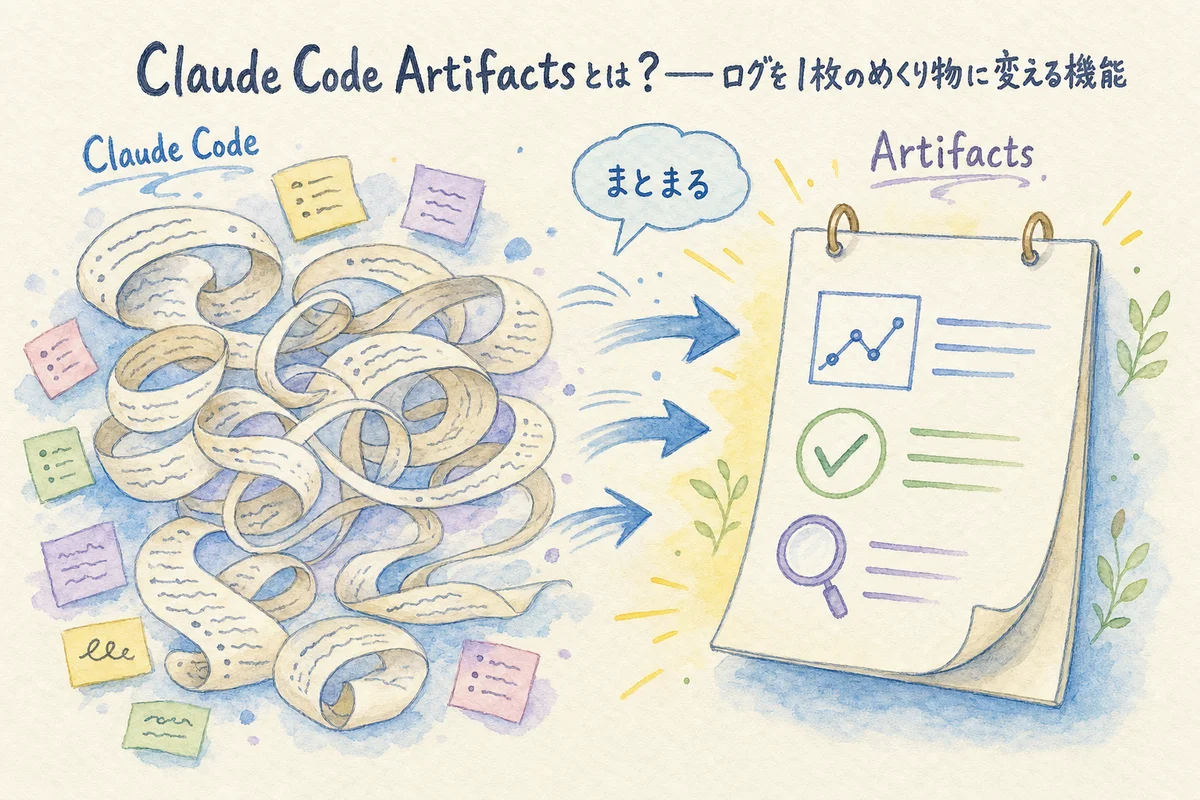 Claude Code Artifactsとはログを1枚のめくり物に変える機能の図解