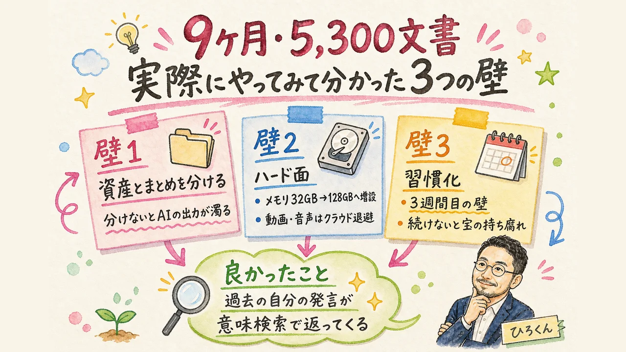 9ヶ月・5,300文書運用して分かった3つの壁（資産とまとめの分離・ハード面・習慣化）の図解