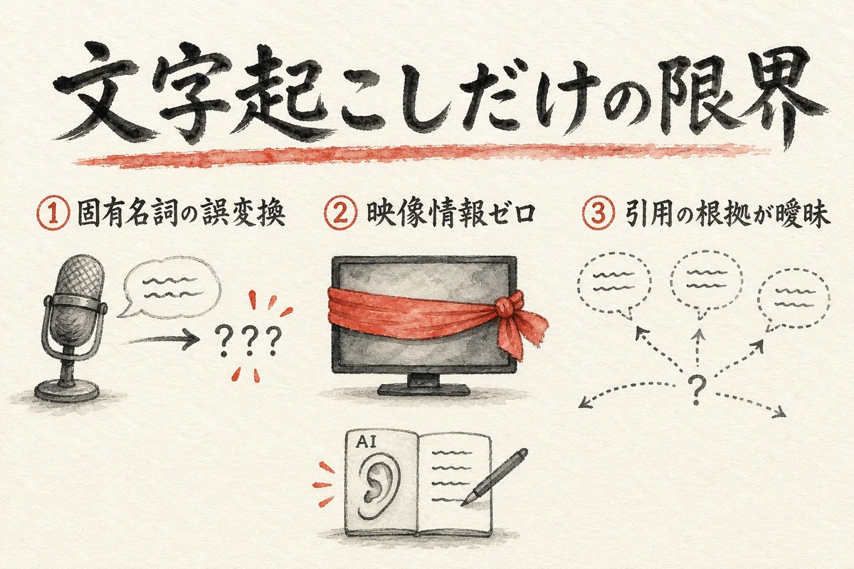 文字起こしだけの限界の図解——固有名詞の誤変換・映像情報ゼロ・引用の根拠が曖昧