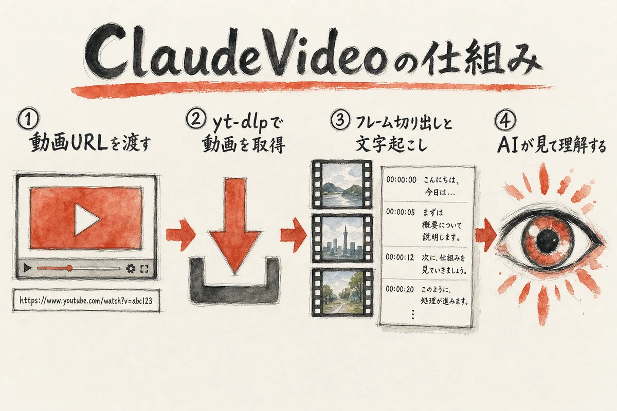 ClaudeVideoの仕組み図解——動画をダウンロードしフレーム画像と文字起こしに分解してAIが見る流れ