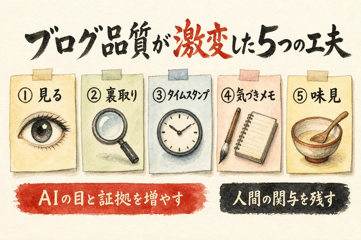 ブログ品質アップ5つの工夫の図解——見る・裏取り・タイムスタンプ・人間のメモ・味見