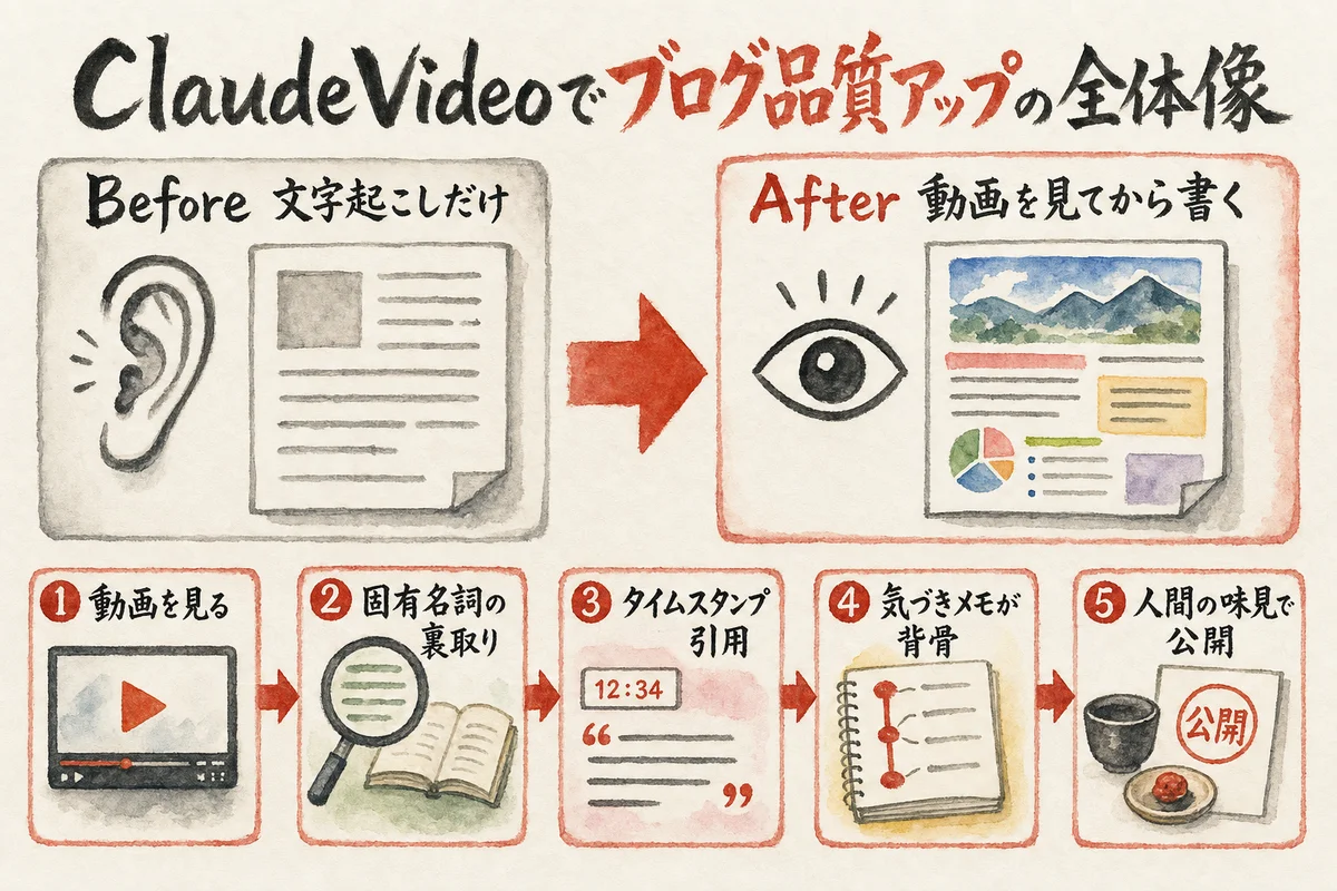 ClaudeVideoでブログ品質アップの全体図解——動画を見る・裏取り・タイムスタンプ・人間のメモ・味見の流れ