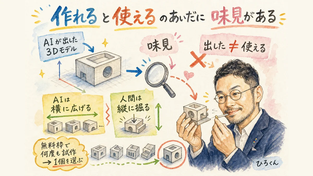 ひろくんが3Dモデルの味見について語るコラム図解