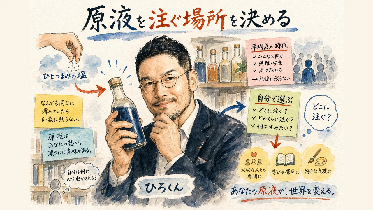 平均点を出せる時代だからこそ原液を注ぐ場所を自分で決める話 コラム図解