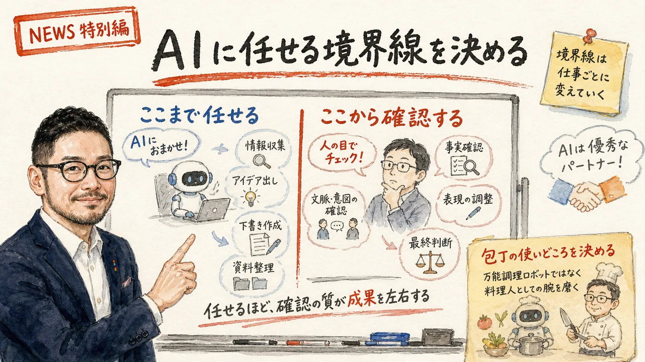 ひろくんコラム図解 AIに任せる境界線を決める グラレコ