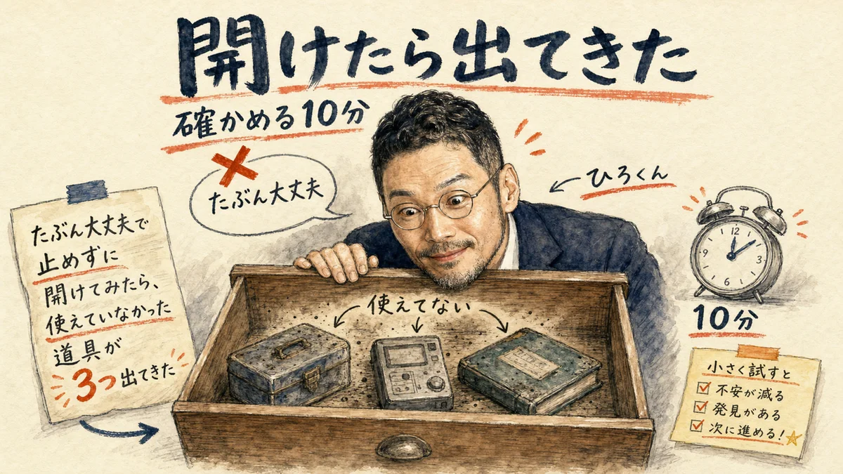 引き出しを開けたら使えていなかった道具が3つ出てきた場面の図解。ひろくんが驚いている