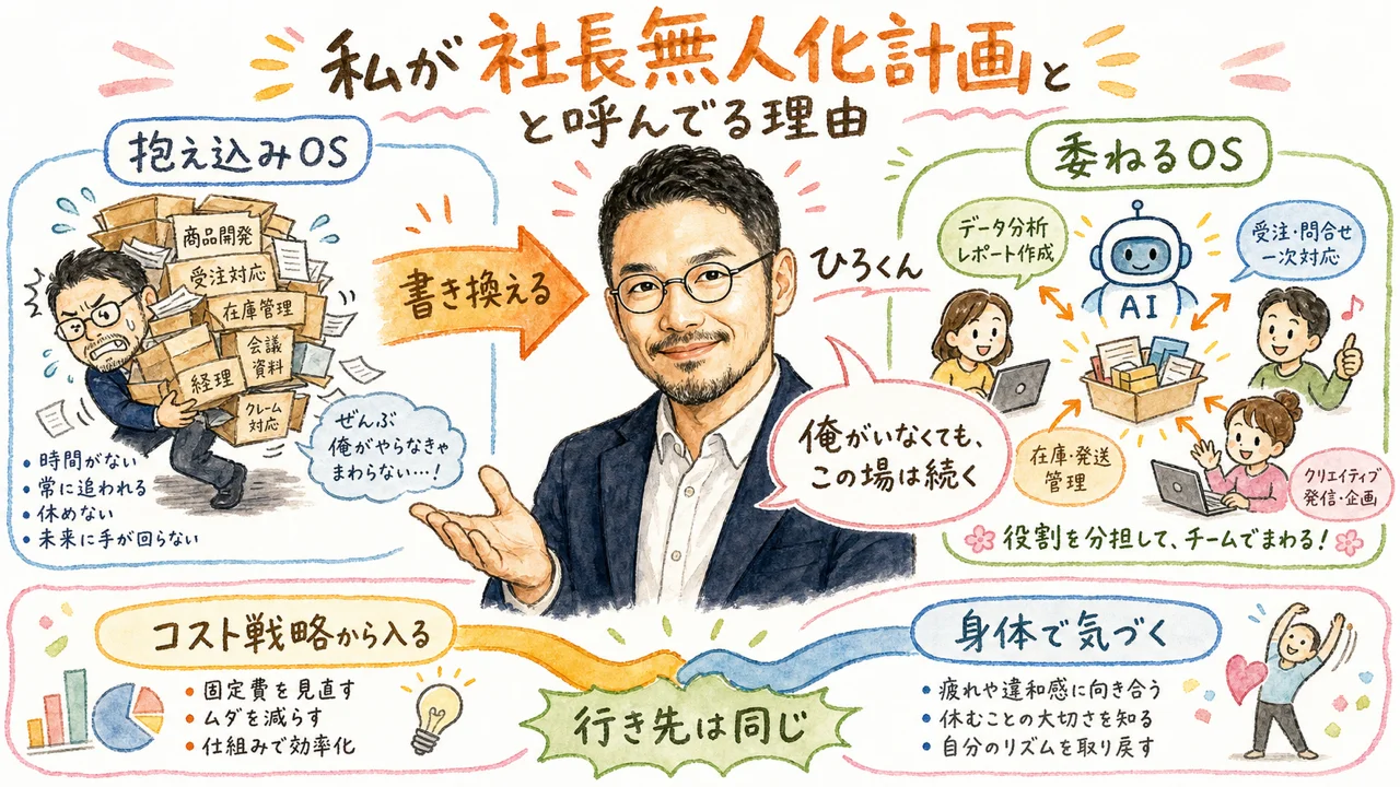 抱え込みOSから委ねるOSへの書き換えを示すひろくんのコラム図解