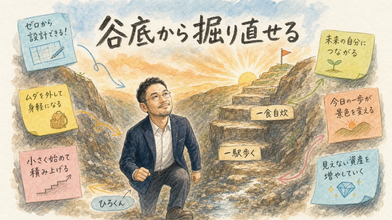 谷底から掘り直せる——一駅歩く・一食自炊の小さな階段を登るひろくんの図解