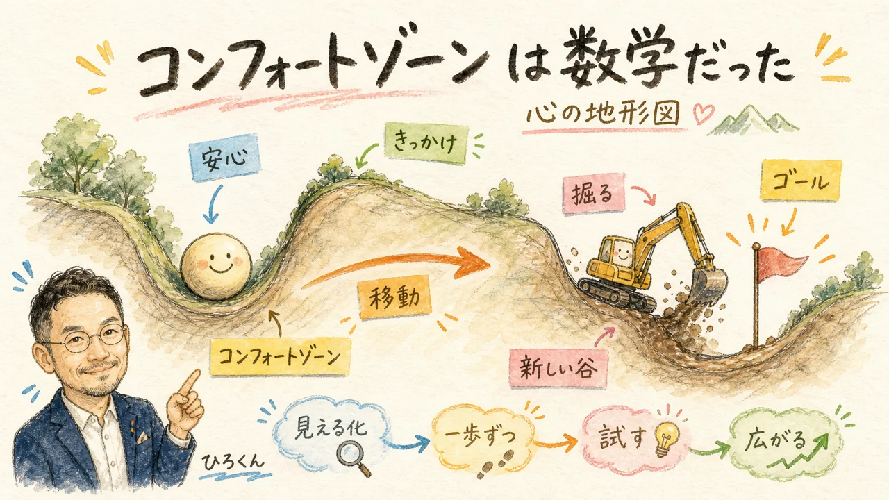 心を地形の上を転がるボールに見立てたコンフォートゾーンの図解