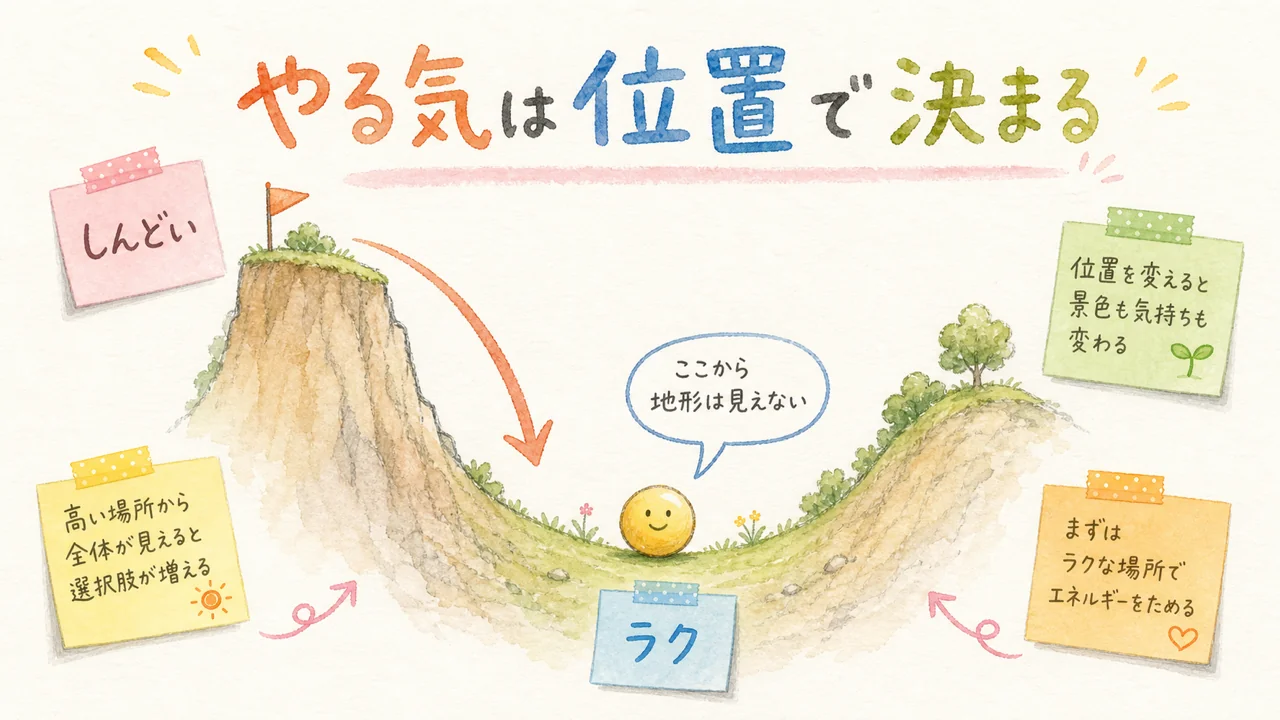 やる気は位置で決まる——谷底のボールと「ここから地形は見えない」の図解