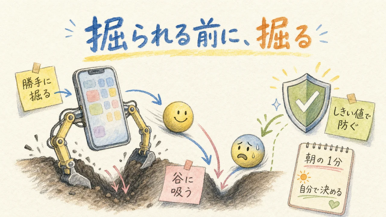 スマホのアルゴリズムが勝手に谷を掘る図解——しきい値を知れば防げる