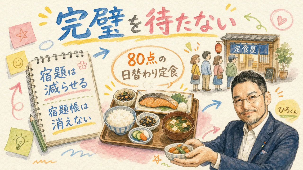 完璧を待たない——宿題帳は消えない・80点の日替わり定食の図解