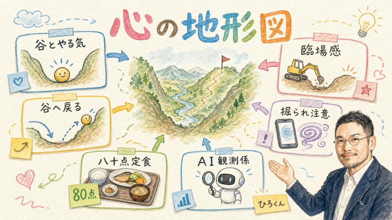 心の地形図の全体マップ図解：谷とやる気・戻される力・臨場感・掘られ注意・80点定食・AI観測係