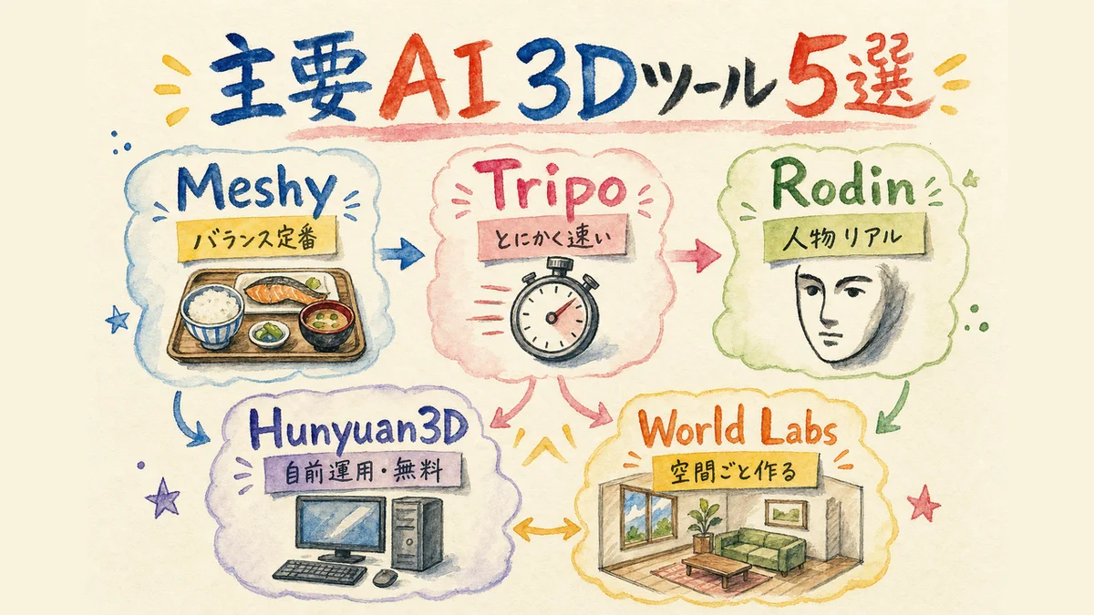 主要AI 3Dツール5つの比較図解