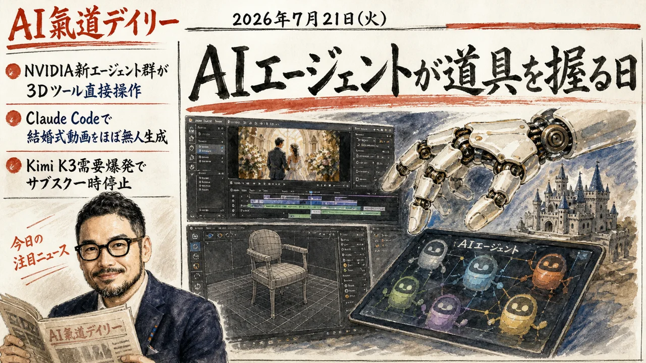 NVIDIAのAgent ToolkitがBlenderやUnrealを直接操作する様子を伝える新聞風ニュース図