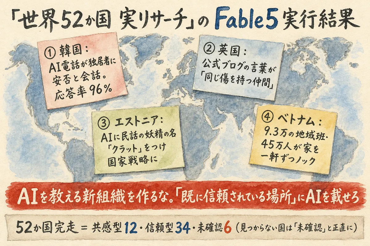 世界52か国の事例 Fable5の実リサーチ実行結果図解