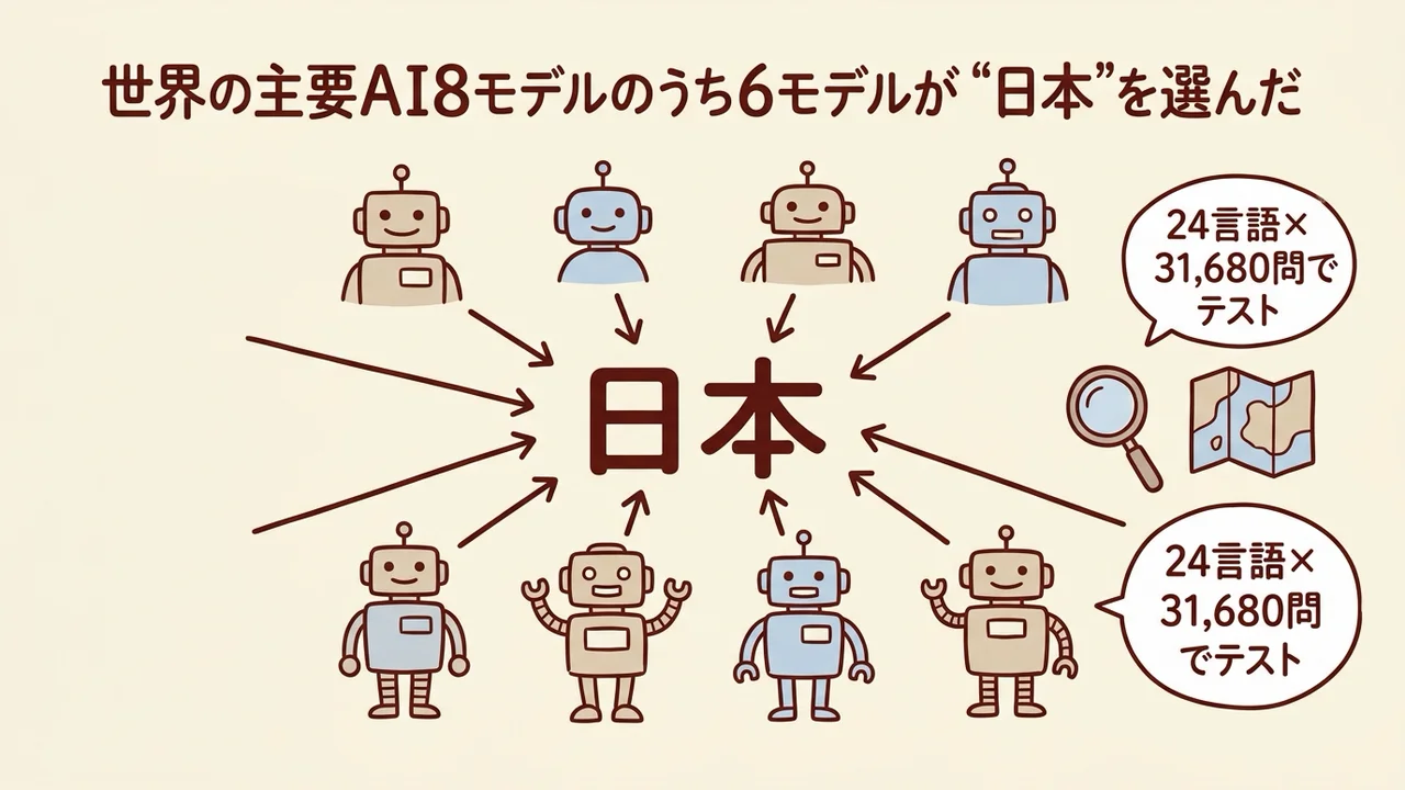 世界の主要AI8モデルのうち6モデルが日本を選んだことを示す図解