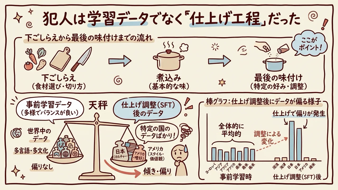 犯人は学習データでなく仕上げ工程だったことを示す図解