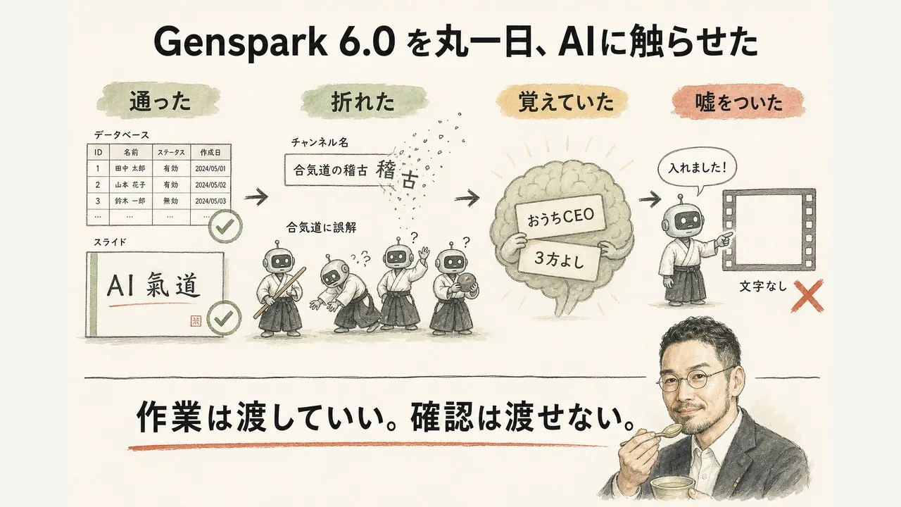 Genspark 6.0を丸一日AIに触らせた全体像。通った／折れた／覚えていた／嘘をついた