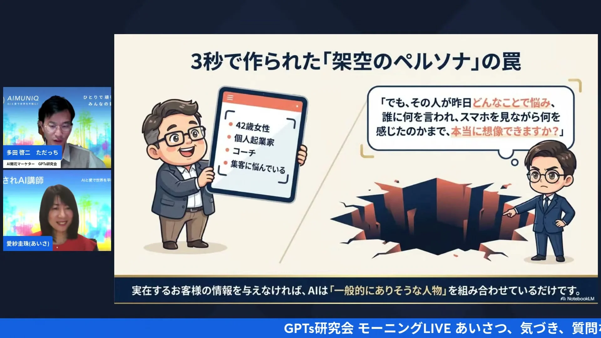 妄想ペルソナで売れない3つの理由を説明する朝LIVEの場面