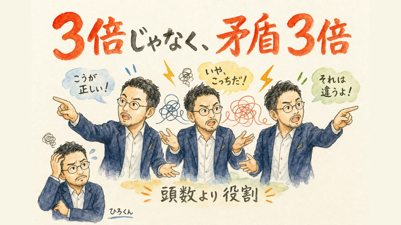 同じ役割のAIを3体並べたら矛盾が3倍になったことを示す図解
