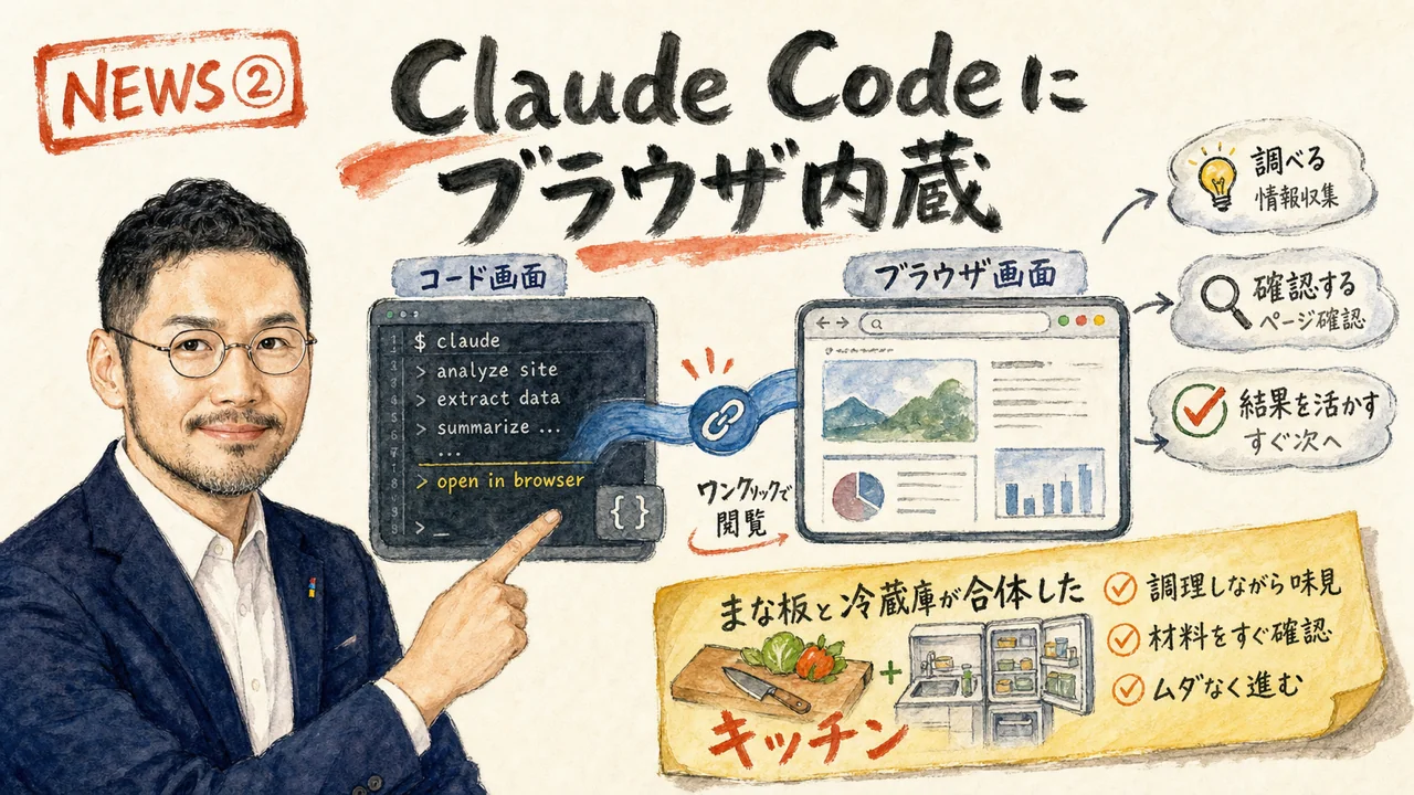 NEWS② 発表:2026-07-10 Claude Code 内蔵ブラウザ コード×リサーチ統合 グラレコ