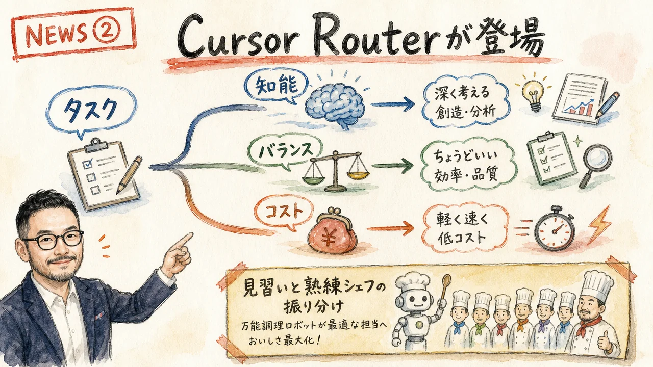 NEWS② 発表:2026-07-22 Cursor Router モデル自動選択 グラレコ