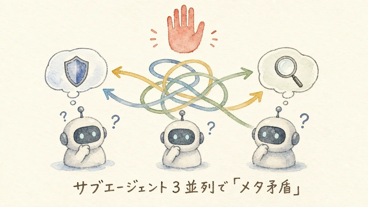 サブエージェント3並列でメタ矛盾 AIエージェント3体が絡み合う矢印