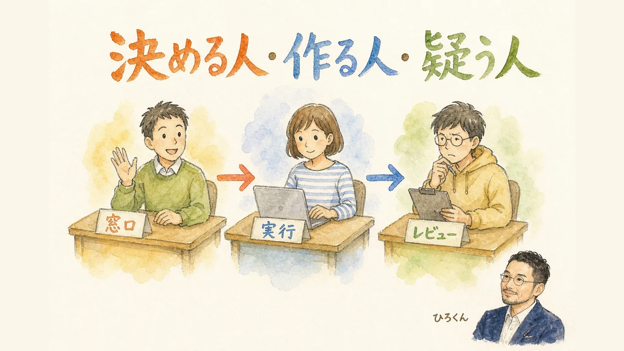 11役のAgent Team設計（窓口・レビュー・実装）の図解