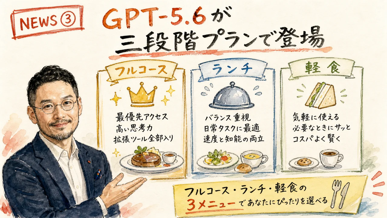 NEWS③ 発表:2026-07-09 GPT-5.6 Sol Terra Luna 3段階プラン グラレコ