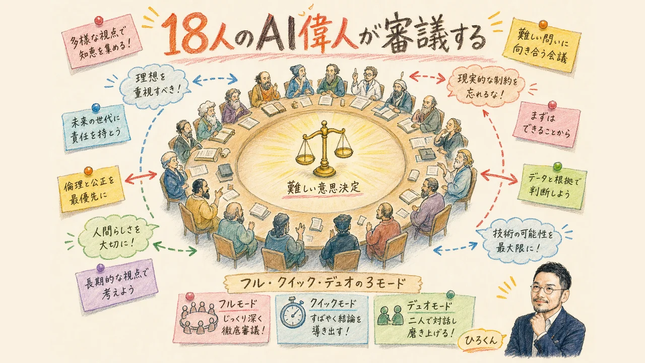 4. もっと本格的にやりたいなら——18人のAI偉人が審議するツール