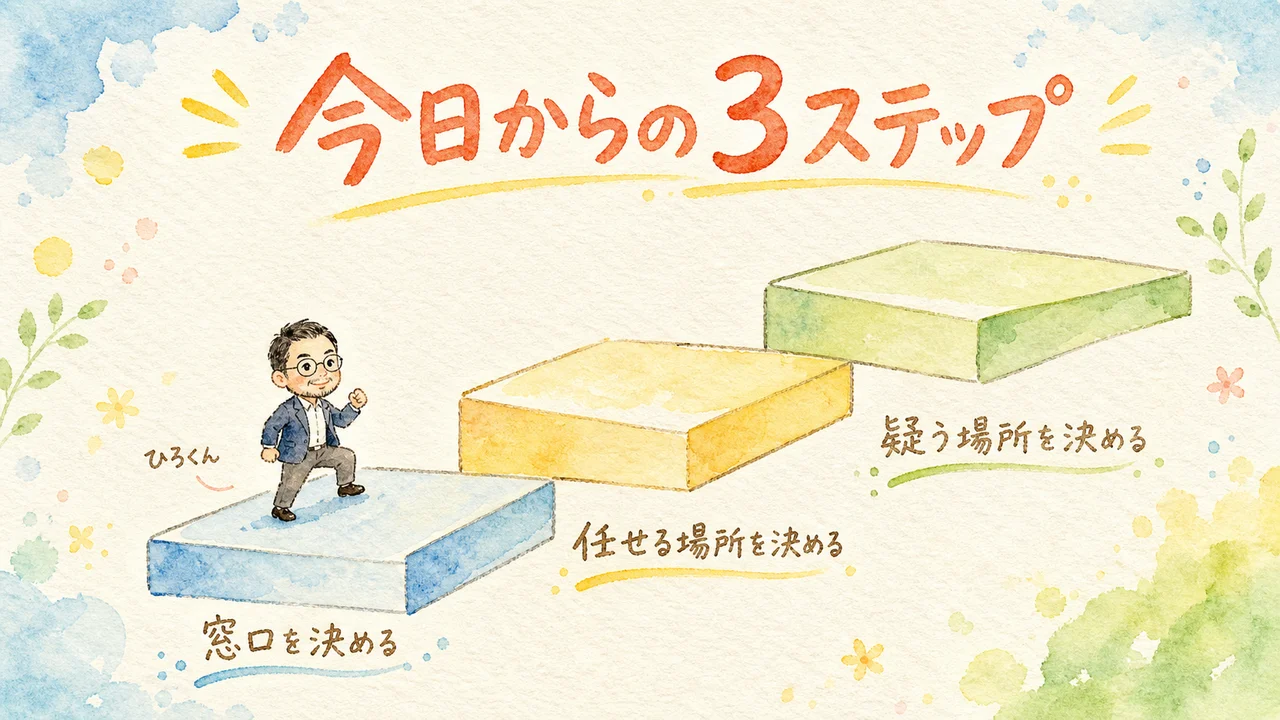 今日から始められる3ステップ（窓口・実行・レビュー）の図解