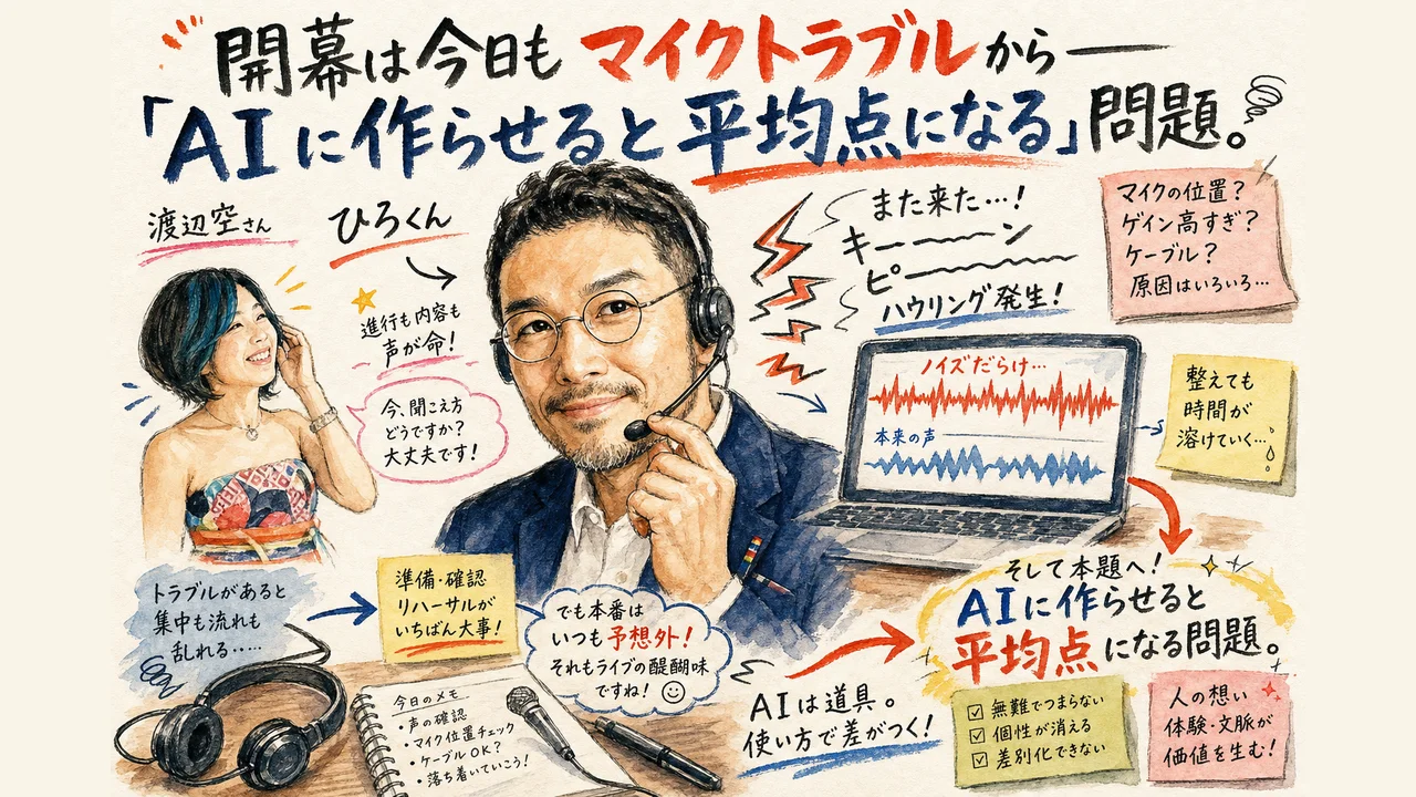 開幕は今日もマイクトラブルから AIに作らせると平均点になる問題 見出し画像