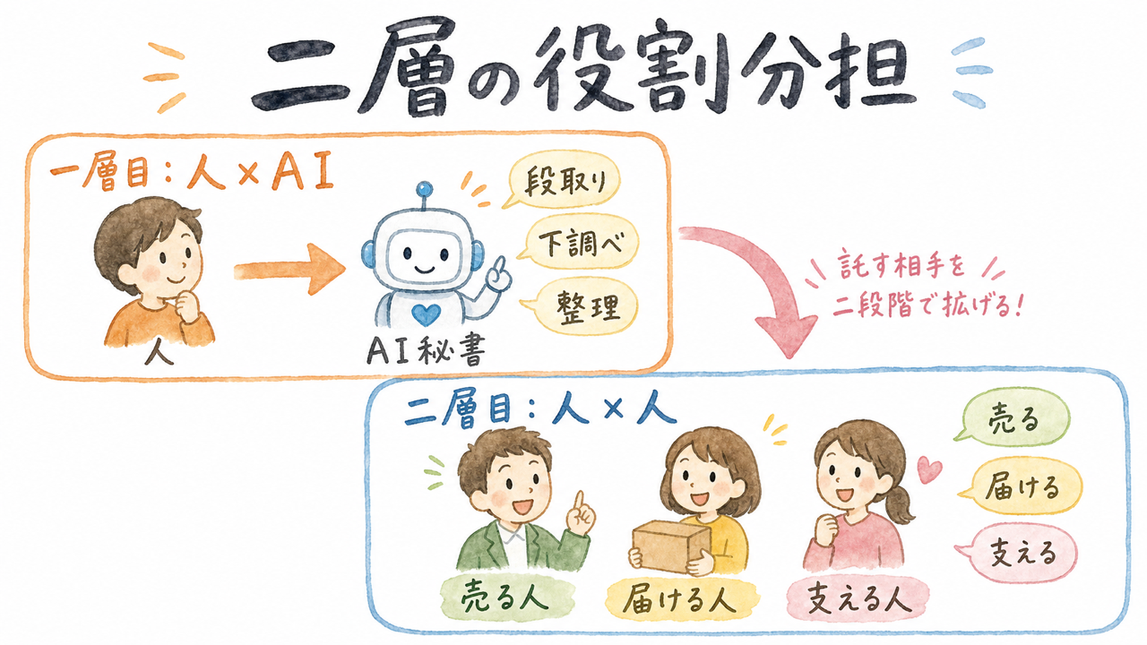 二層の役割分担:人×AI、人×人の図解